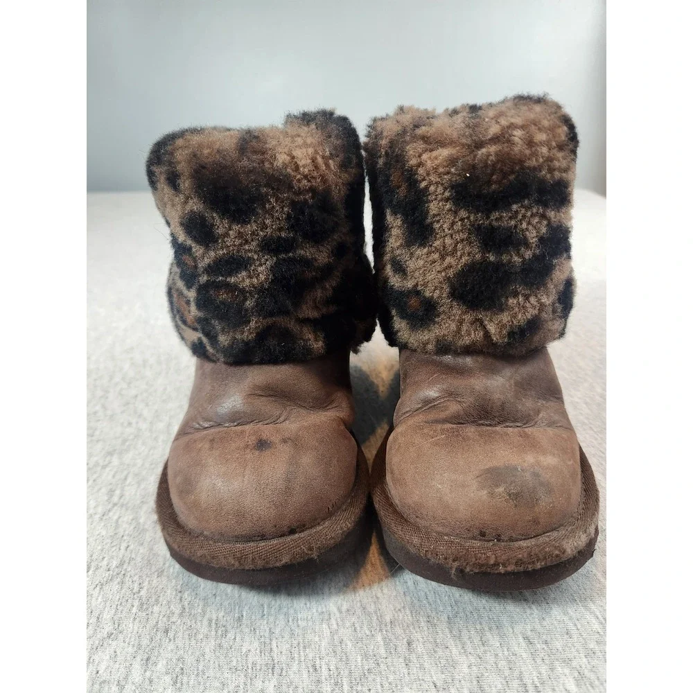 UGG Boots Kids Size 10 Brown Leopard Print Leather Buckle Winter Boots